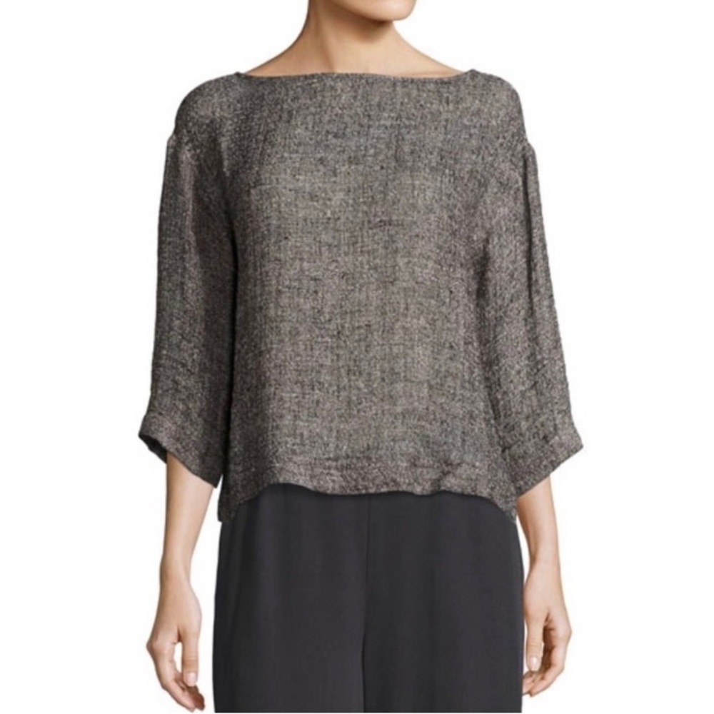 Eileen Fisher Linen Lagenlook gauzy grey black box top blouse bateau neckline M